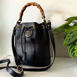 Gucci Black Leather Bucket Bag with Bamboo Handle